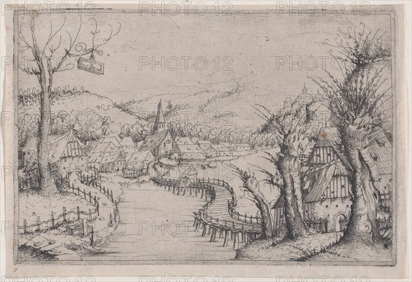 River Landscape with Three Bare Willow-Trees at Right and a Long Winding Wooden Bridge at ...