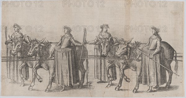 Four women walking alongside four cows; plate from 'Repraesentatio Der Fürstlichen Auffzug...