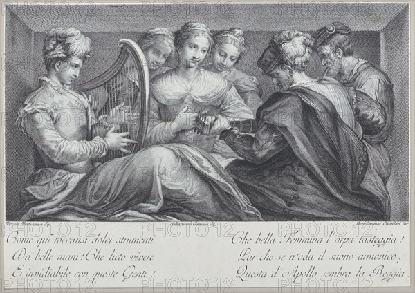 A group of elegantly dressed people playing the harp and a guitar