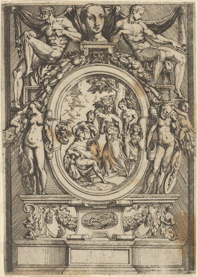 The Judgment of Paris; man seated at left reaches out to a woman who is flanked by ...
