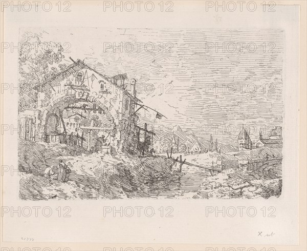Woman drawing water from a well beneath an arcade at left
