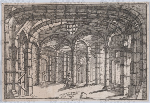 Interior of a prison in which sits a woman