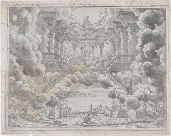 Stage design with allegorical figures on a staircase; from 'L'Eta Dell'Oro'