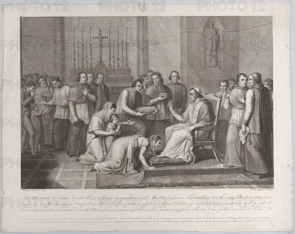 A woman kneels to kiss the foot of Pope Pius VII