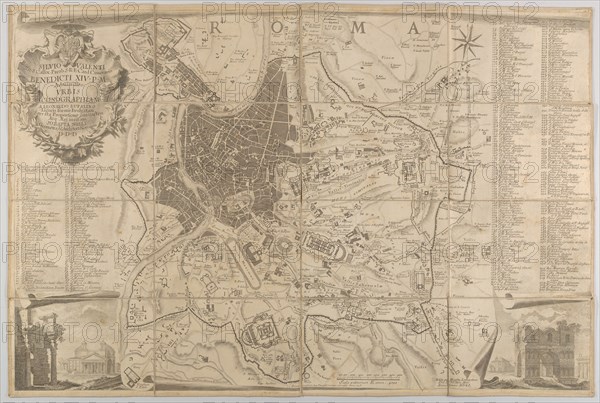 Plan of ancient Rome with a view of the Pantheon lower left and a triumphal arch lower rig...