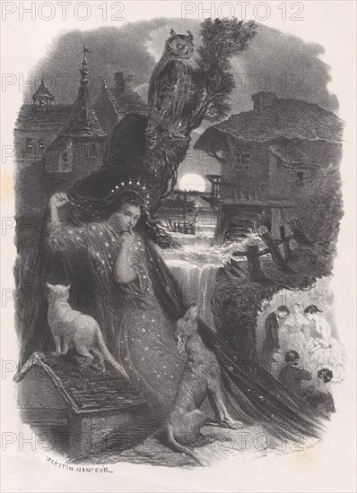 Night; vignette of girl in 18th century costume picking roses on verso