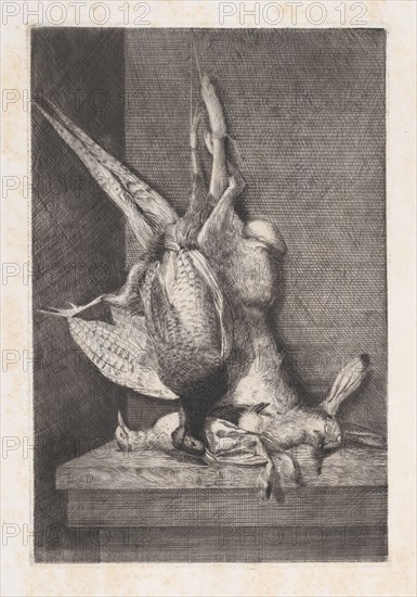 Hunting trophy with game birds and rabbit