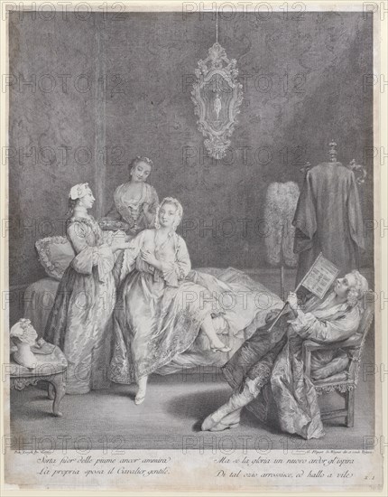 A woman getting out of bed in an elegant interior