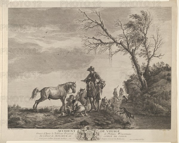 An accident while traveling, a kneeling man fixing a broken saddle, a horse pissing at ..., 1740-50. Creator: Charles-Nicolas Cochin.