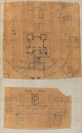 Page from a Scrapbook containing Drawings and Several Prints of Architecture