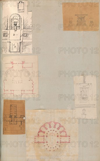 Page from a Scrapbook containing Drawings and Several Prints of Architecture