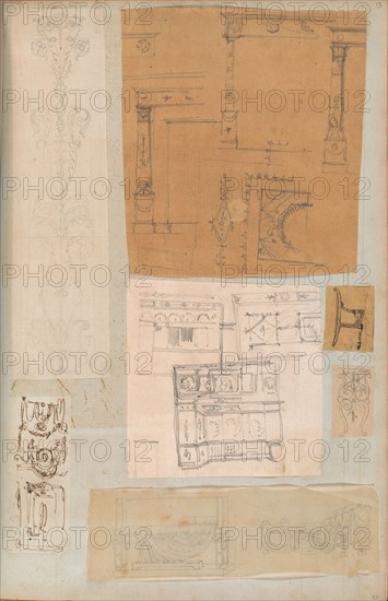 Page from a Scrapbook containing Drawings and Several Prints of Architecture