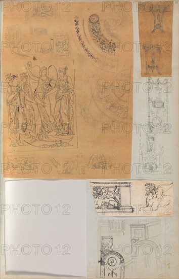 Page from a Scrapbook containing Drawings and Several Prints of Architecture