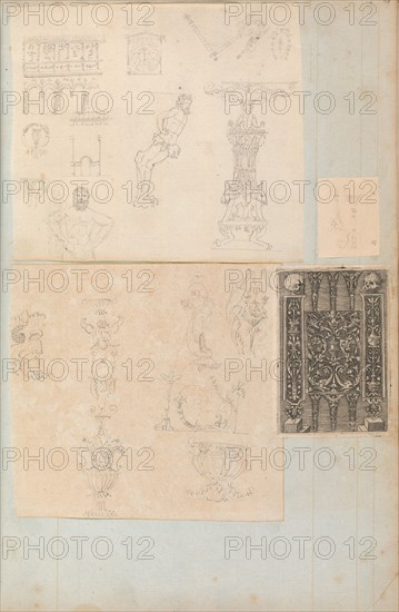 Page from a Scrapbook containing Drawings and Several Prints of Architecture