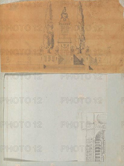 Page from a Scrapbook containing Drawings and Several Prints of Architecture
