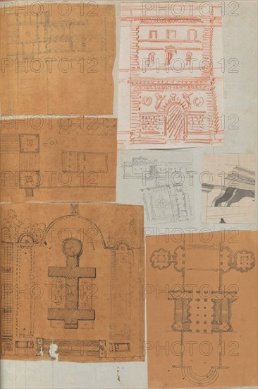 Page from a Scrapbook containing Drawings and Several Prints of Architecture