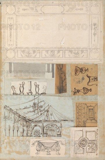 Page from a Scrapbook containing Drawings and Several Prints of Architecture