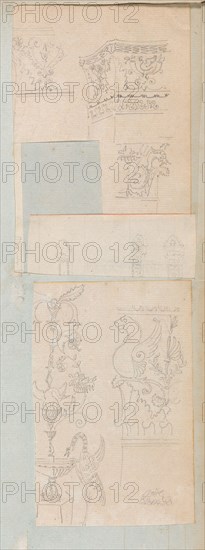 Page from a Scrapbook containing Drawings and Several Prints of Architecture