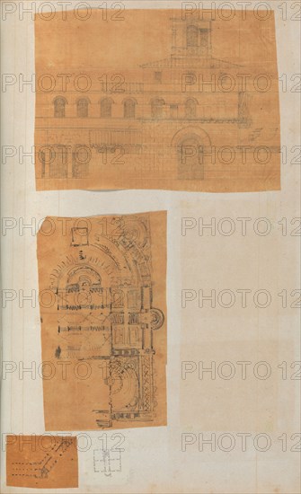 Page from a Scrapbook containing Drawings and Several Prints of Architecture