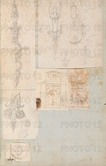 Page from a Scrapbook containing Drawings and Several Prints of Architecture