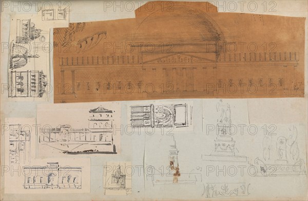 Page from a Scrapbook containing Drawings and Several Prints of Architecture