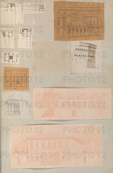 Page from a Scrapbook containing Drawings and Several Prints of Architecture