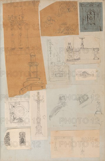 Page from a Scrapbook containing Drawings and Several Prints of Architecture