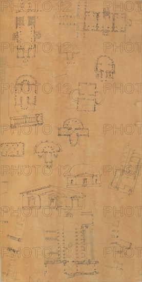 Page from a Scrapbook containing Drawings and Several Prints of Architecture