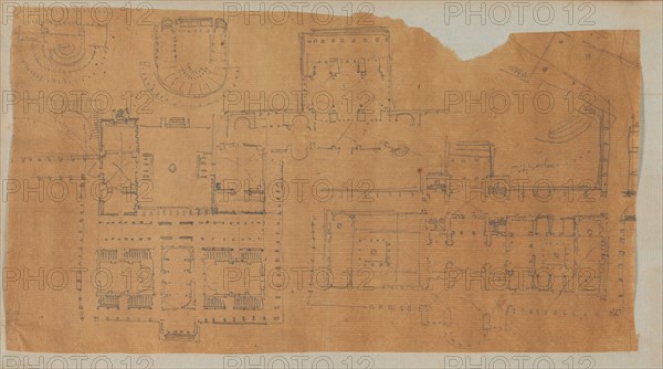 Page from a Scrapbook containing Drawings and Several Prints of Architecture