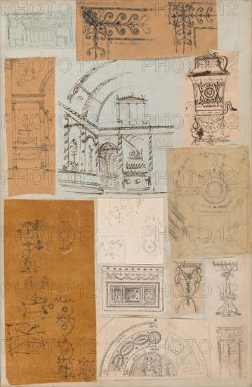 Page from a Scrapbook containing Drawings and Several Prints of Architecture