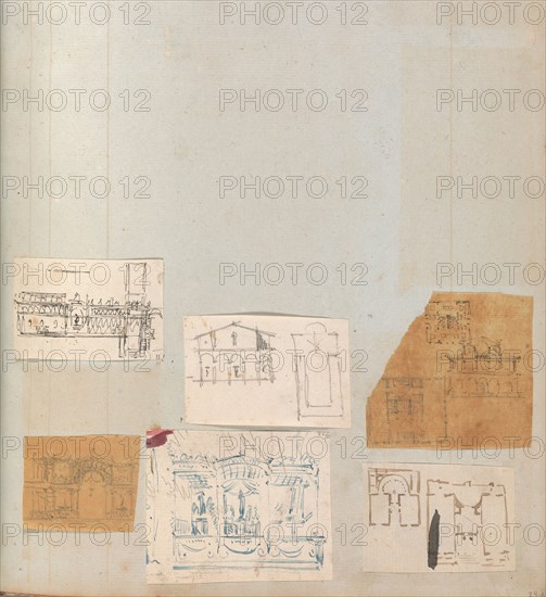 Page from a Scrapbook containing Drawings and Several Prints of Architecture