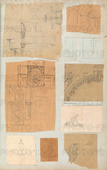 Page from a Scrapbook containing Drawings and Several Prints of Architecture