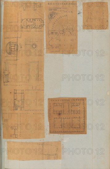 Page from a Scrapbook containing Drawings and Several Prints of Architecture