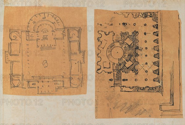 Page from a Scrapbook containing Drawings and Several Prints of Architecture