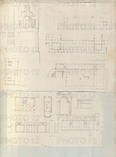 Page from a Scrapbook containing Drawings and Several Prints of Architecture