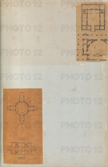 Page from a Scrapbook containing Drawings and Several Prints of Architecture