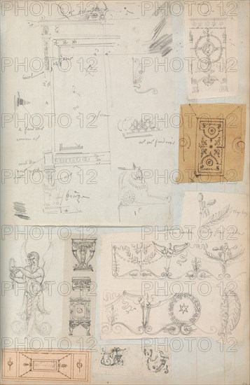 Page from a Scrapbook containing Drawings and Several Prints of Architecture