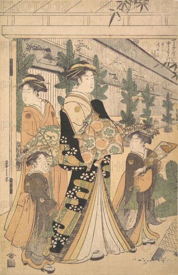 Two Oiran with Two Female Attendants in the Yoshiwara. Creator: Hosoda Eishi.
