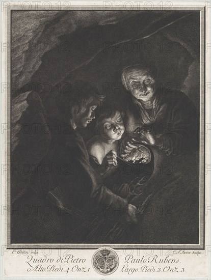 Night scene in a cave with an old woman holding burning coals in a pot