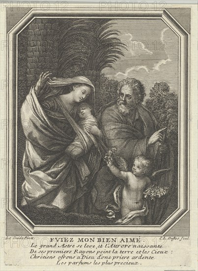 The Flight into Egypt; the holy family walking with the young John the Baptist