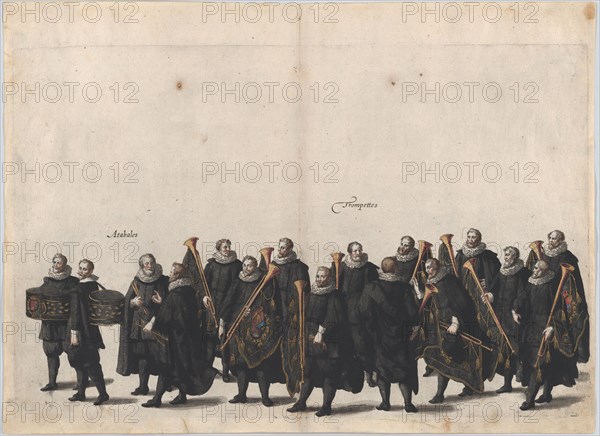 Plate 28: Drummers and trumpet players marching in the funeral procession of Archduke Albe...