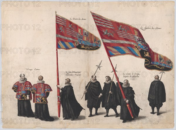 Plate 48: Men bearing arms and heraldic flags marching in the funeral procession of Archdu...