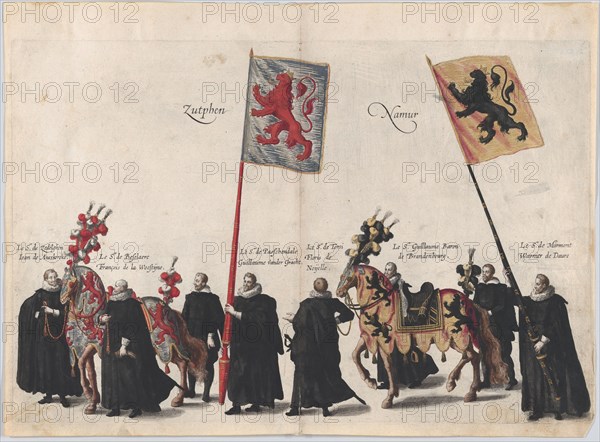 Plate 36: Men with heraldic flags and horses from Zutphen and Namur marching in the funera...