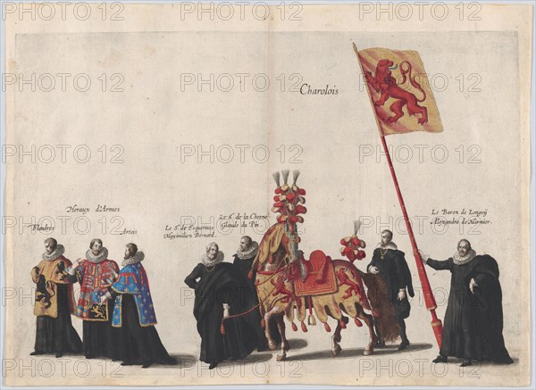 Plate 35: Men with heraldic flags and horses from Charolois marching in the funeral proces...