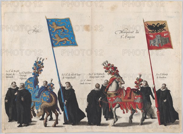 Plate 34: Men with heraldic flags and horses from Frise and the Hapsburg Empire marching i...