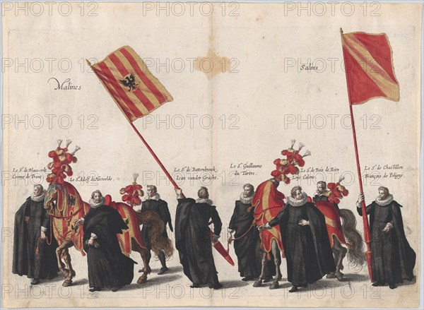 Plate 33: Men with heraldic flags and horses from Mechelen and Salins marching in the fune...