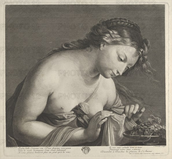 Erigone leaning over a platter of grapes and lifting a piece of cloth with both hands