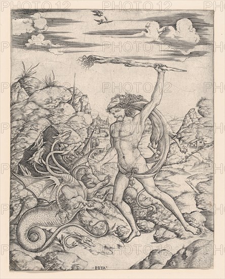 Hercules and the Hydra; wielding a torch he attacks the winged