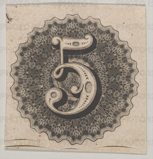 Banknote motif: number 5 against a circular panel of lace-like lathe work with a sc...