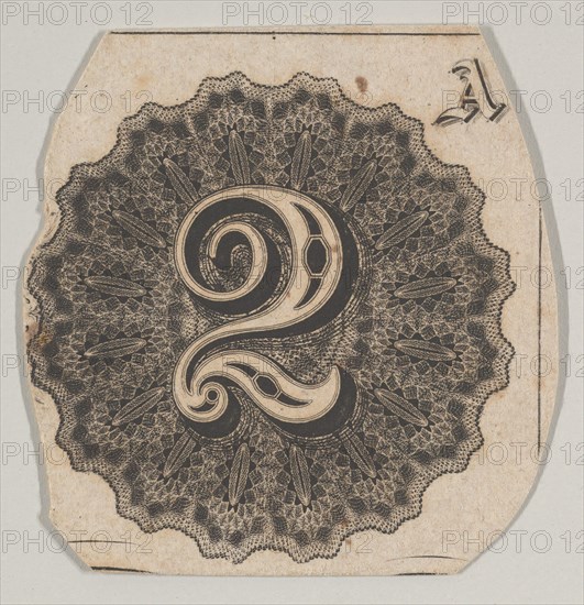 Banknote motif: number 2 against a circular panel of lathe work with a scalloped ed...